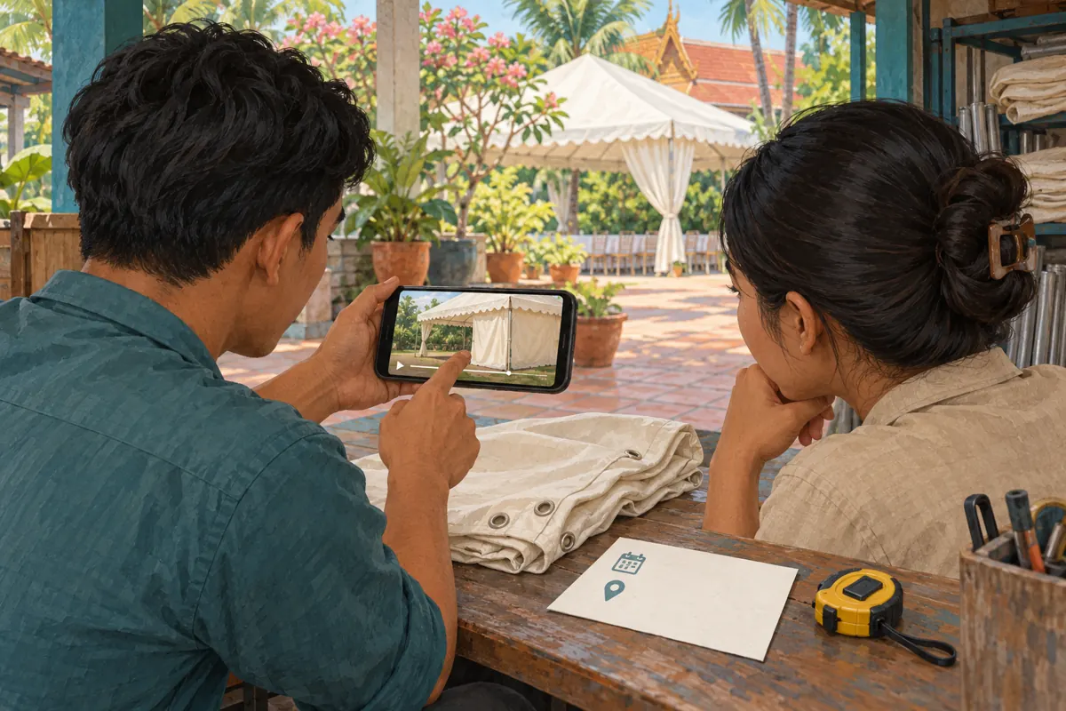 Two Cambodian rental-shop colleagues review a tent video on a phone beside fabric and a card with calendar and location symbols.