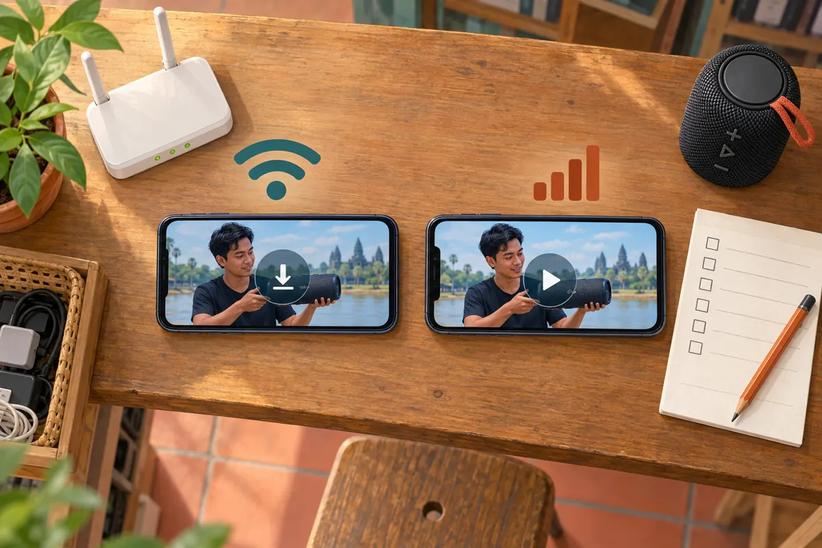 Two phones on a shop worktable illustrate download and playback checks beside Wi-Fi and cellular symbols.
