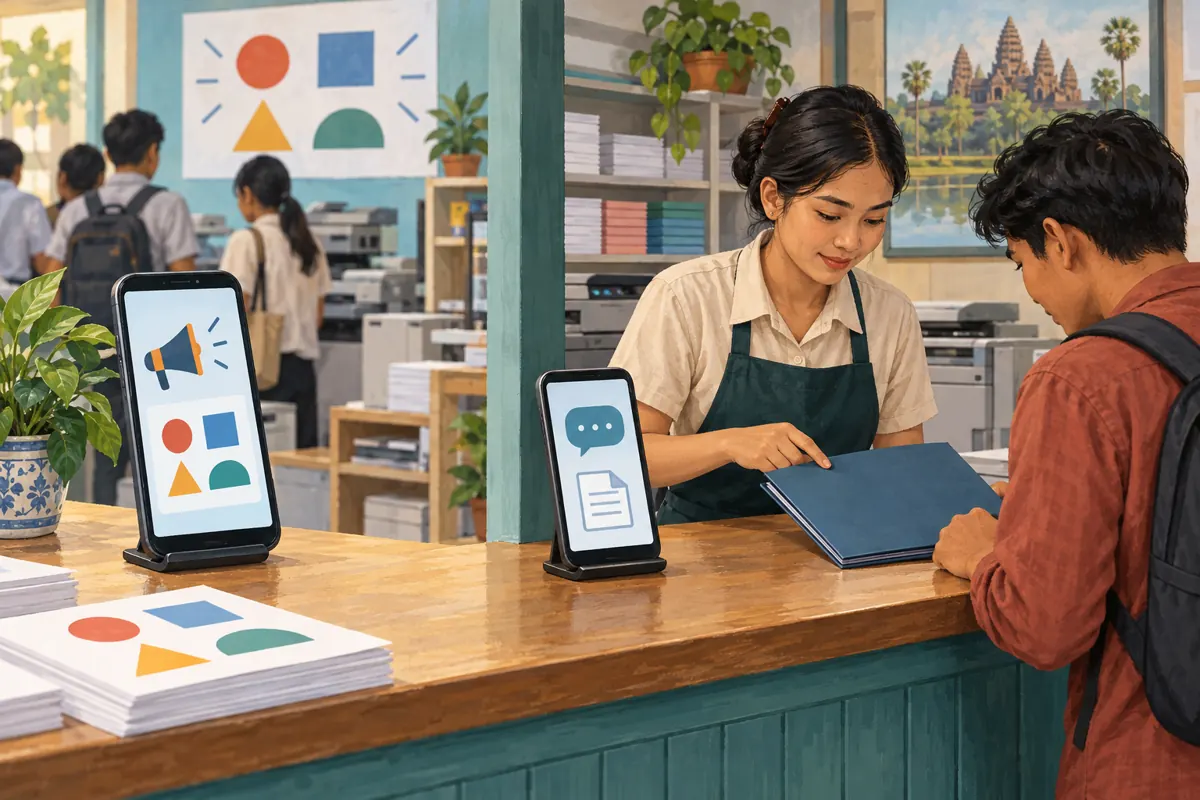 Public tutorial displayed on one phone while a copy-shop worker and customer discuss a document folder separately.
