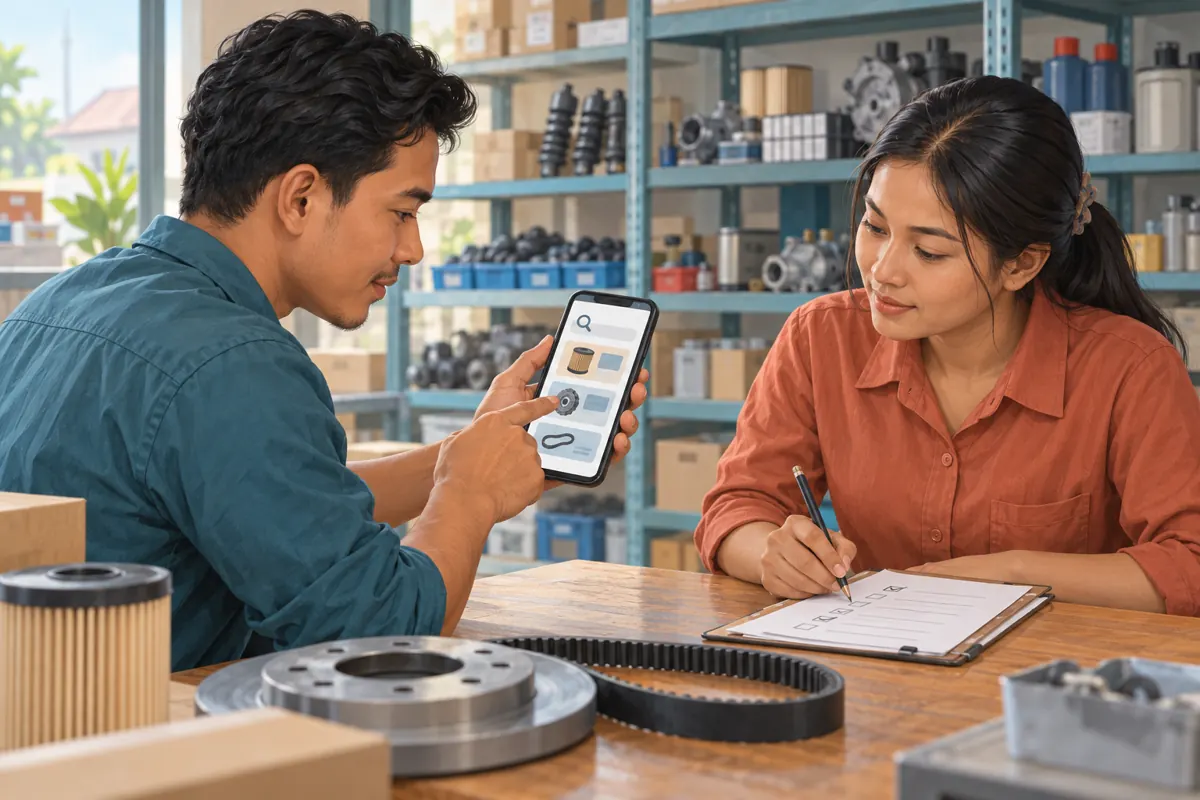 Illustration of two Cambodian coworkers rehearsing a product search while recording observations on a checklist.