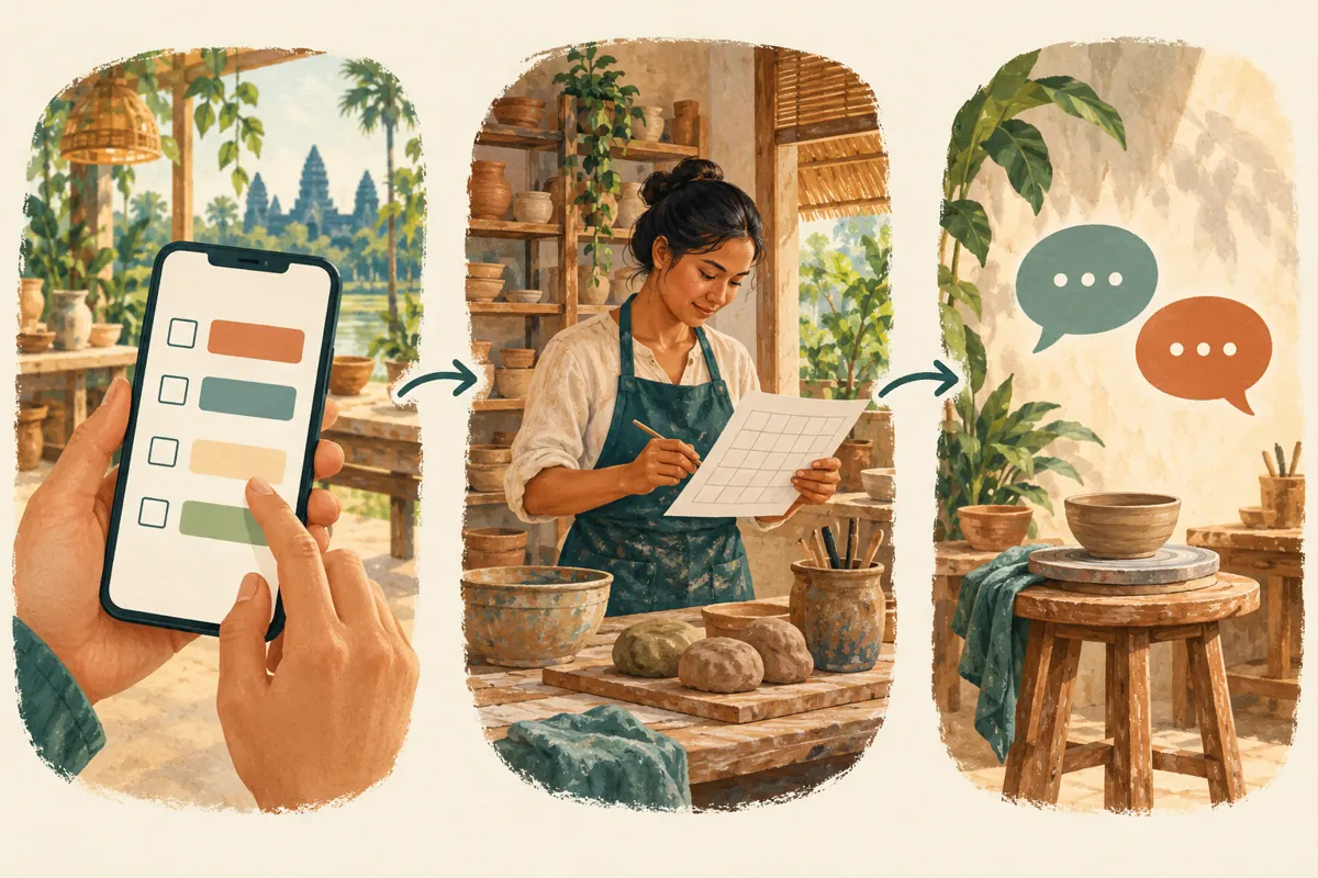 Three illustrated stages show a phone poll, a pottery teacher reviewing a schedule, and a booking conversation above a workshop stool.