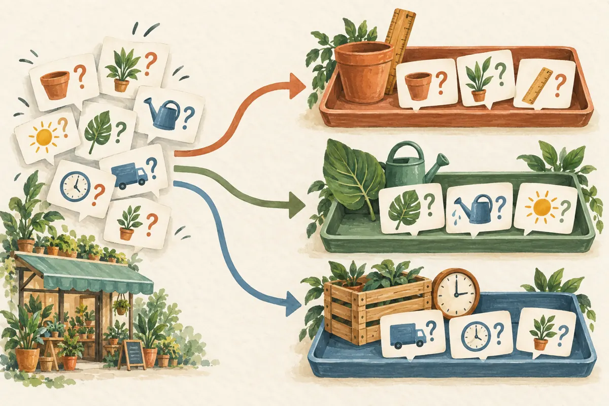 Mixed plant-shop question cards branch into three trays representing sizes, care and pickup.