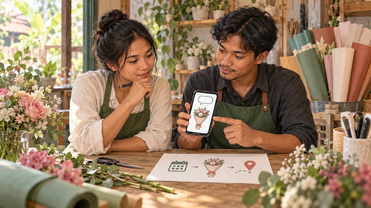 Two Cambodian florists review a bouquet enquiry on a phone beside pictograms representing a date, flowers and a delivery location.