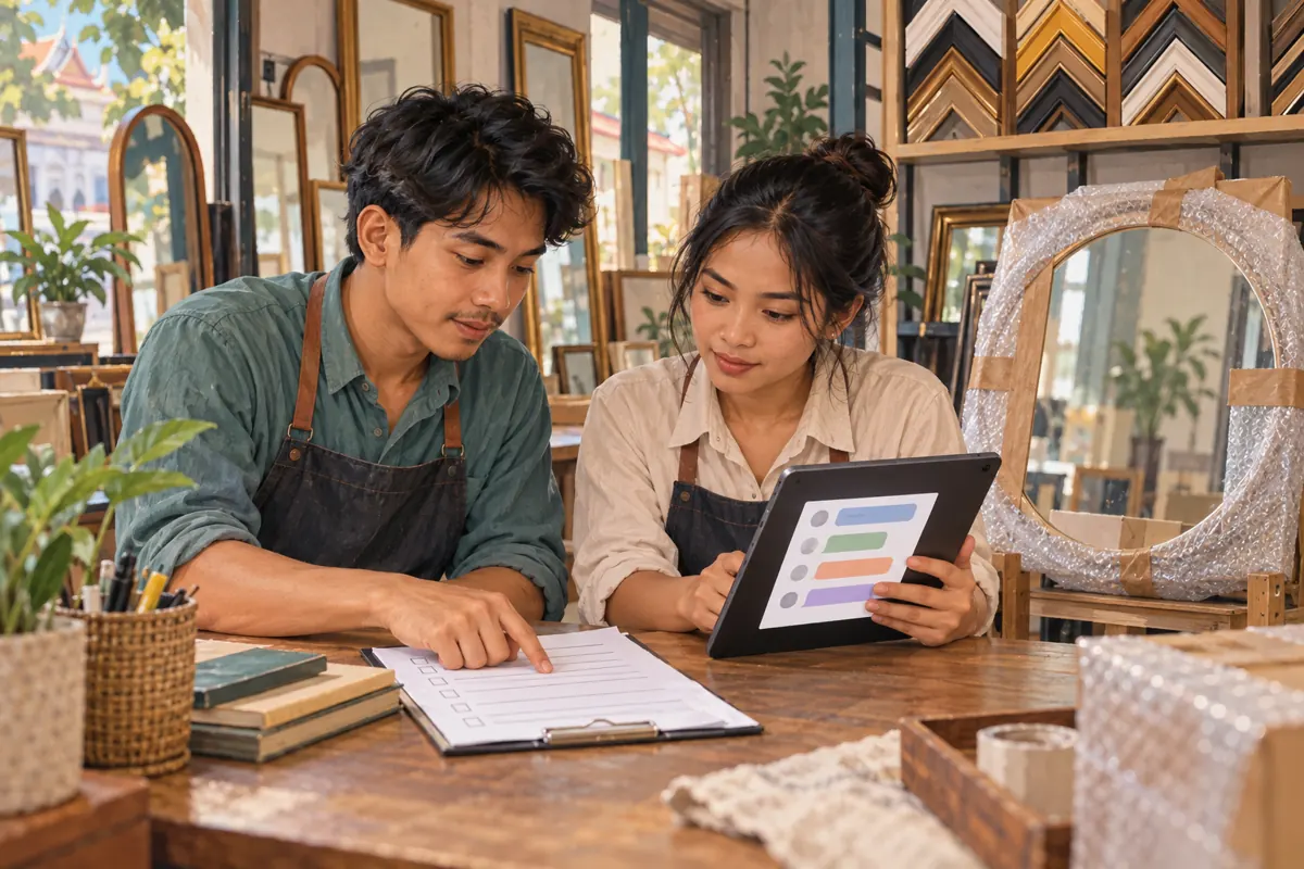 Two Cambodian mirror-shop coworkers reviewing a paper checklist and abstract chat labels on a tablet.