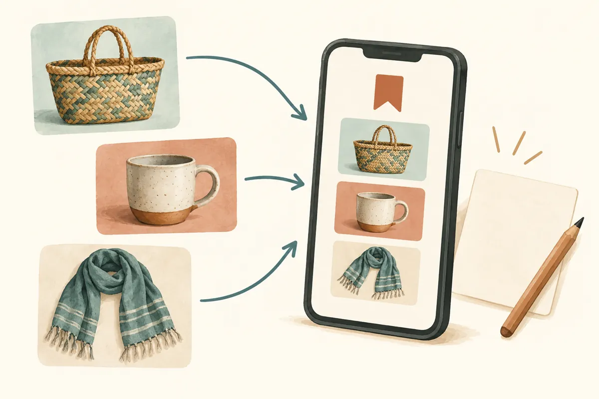 Illustrated basket, cup and scarf reference cards flow into a phone shortlist beside a blank note and pencil.