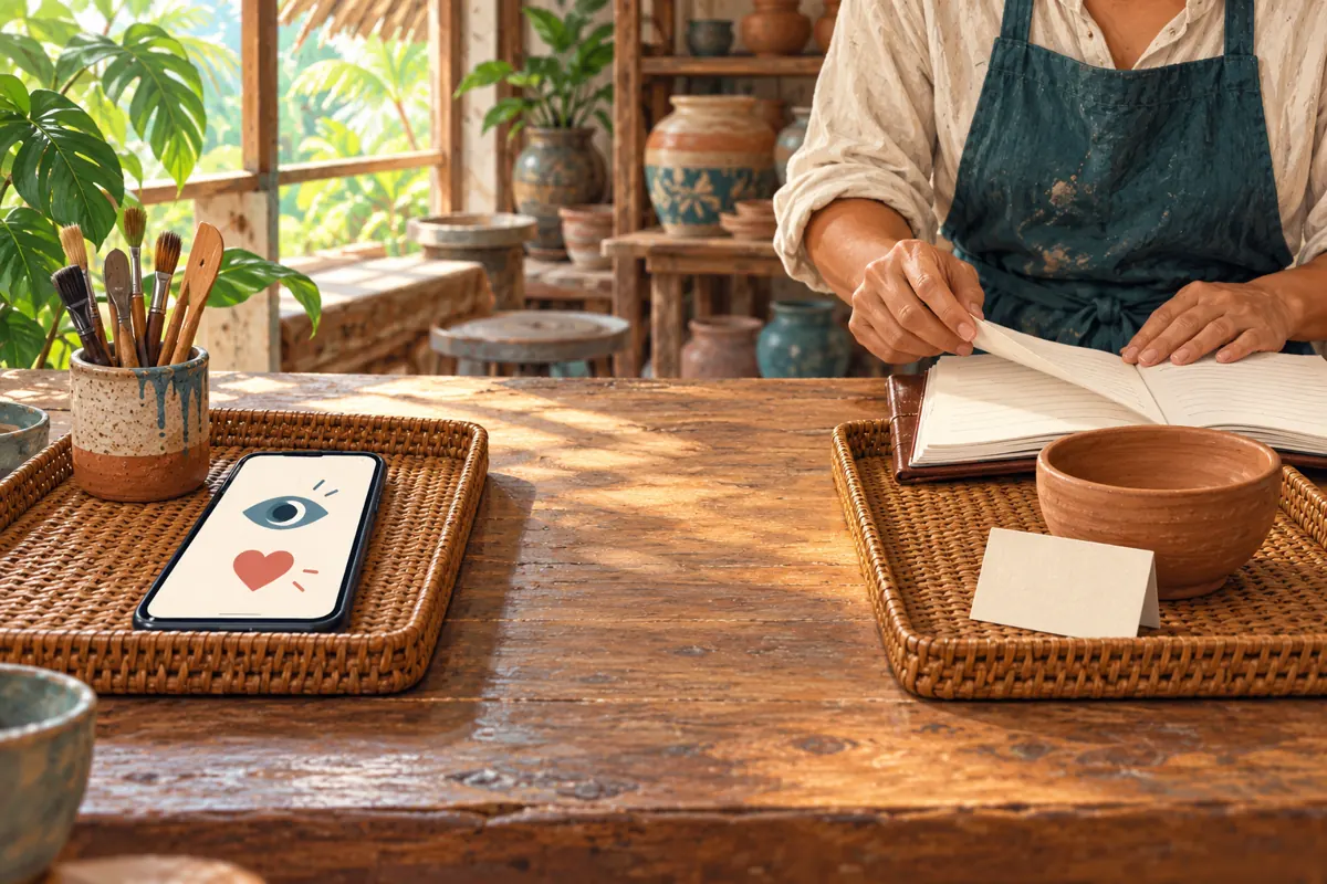 Separate trays hold a phone with engagement symbols and a booking notebook with a clay bowl on a pottery studio desk.