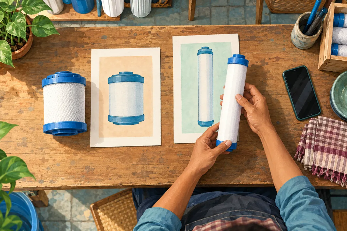 Overhead illustration of a worker comparing two different cartridge shapes with separate illustrated guides.