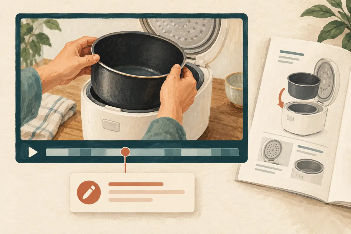 Conceptual illustration linking a marked moment in an appliance video to a correction note beside a product booklet.