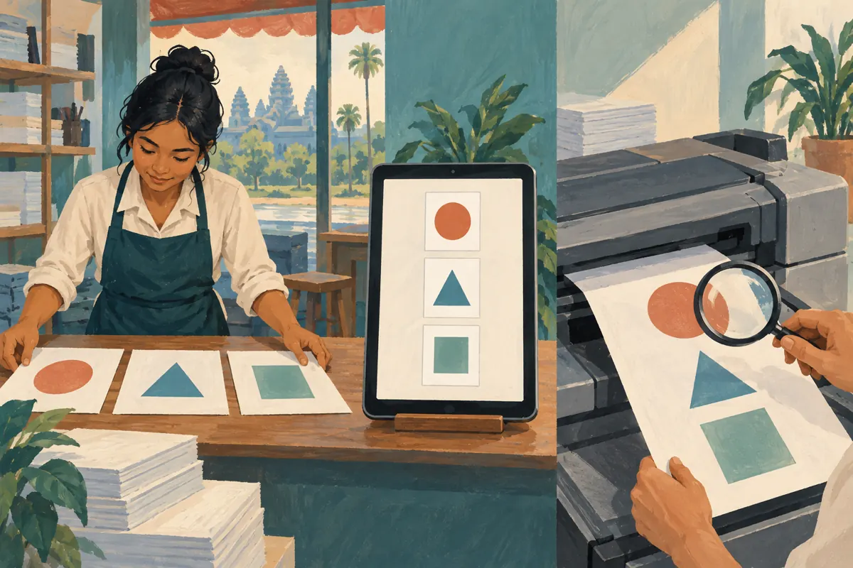 Three illustrated scenes showing sample page arrangement, digital page review and inspection of a printed proof.