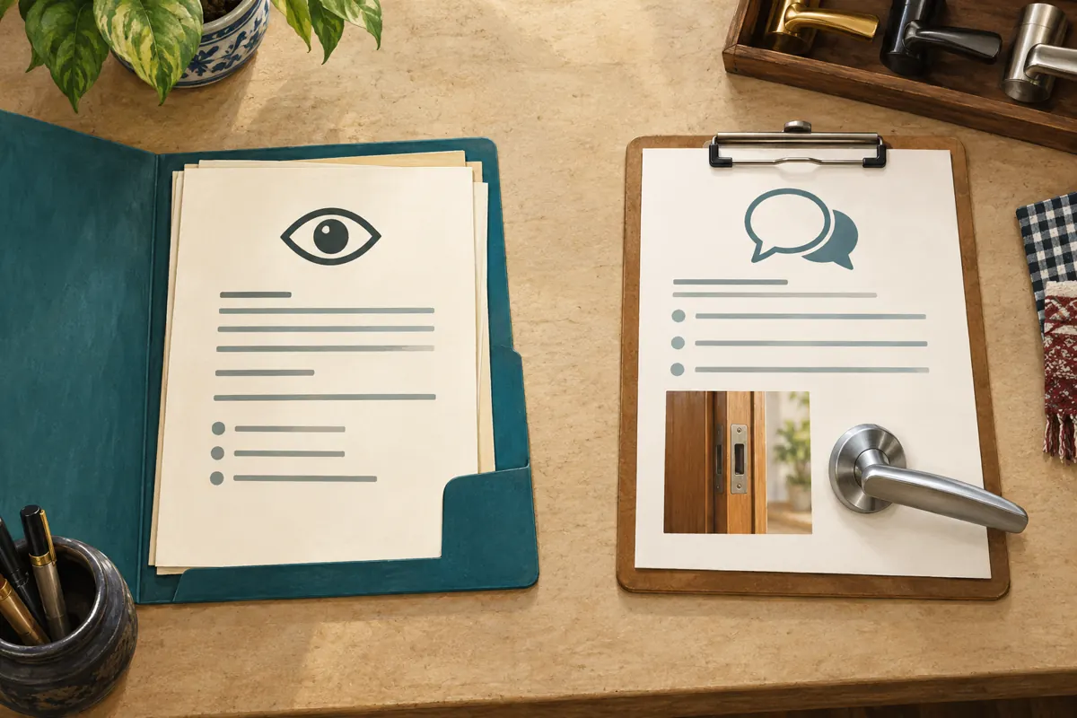 Separate illustrated records for post-view service delivery and a product enquiry, with a door photograph and handle sample.