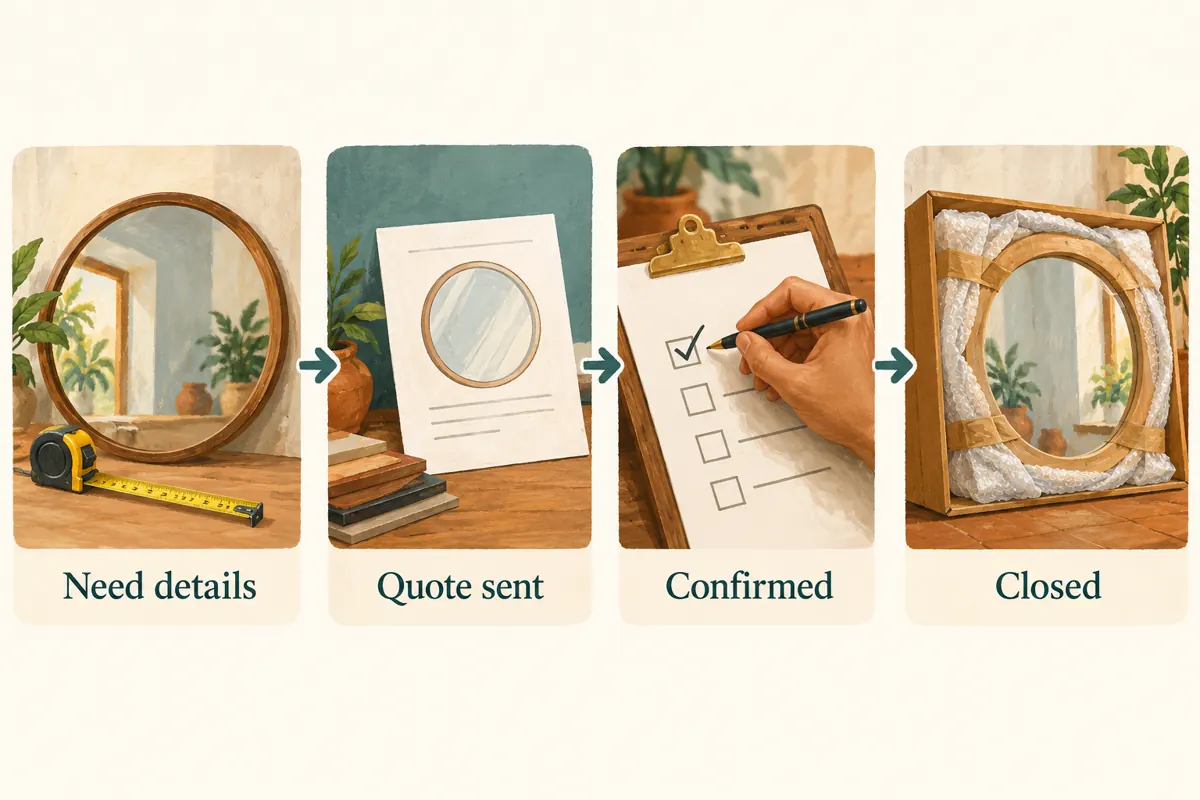Four illustrated enquiry stages labeled Need details, Quote sent, Confirmed and Closed, connected by arrows.
