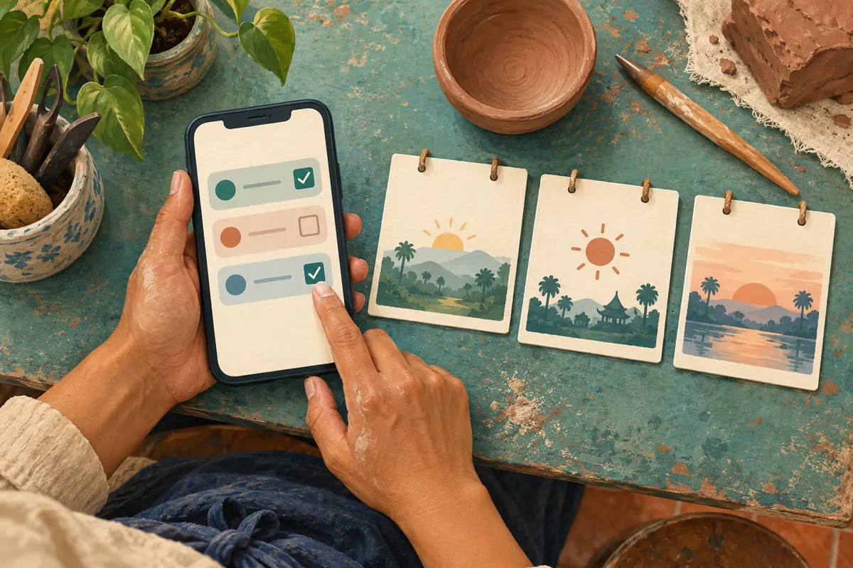 Overhead illustration of a phone with two selected poll options beside three illustrated time cards and pottery tools.