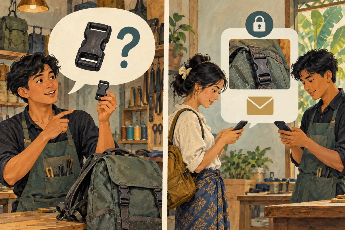 Split illustration contrasts a general buckle question with a private exchange about an individual backpack.
