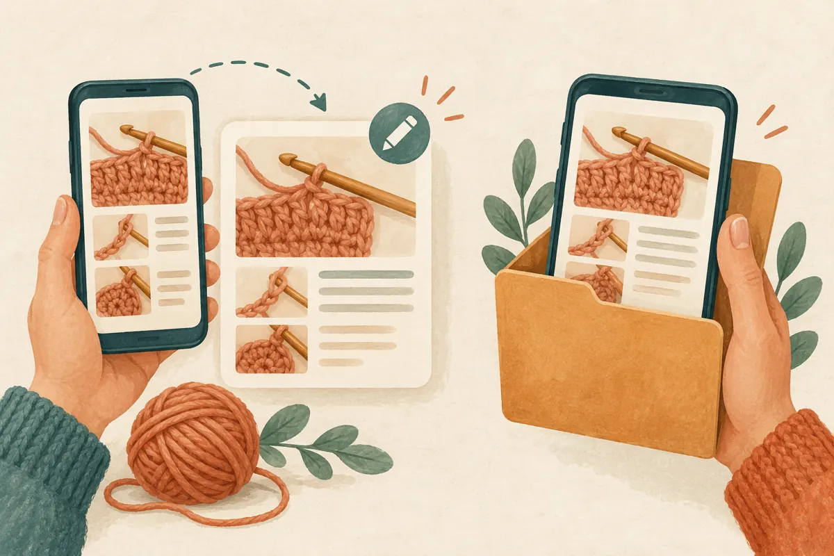 Conceptual illustration contrasting online crochet guidance with a saved tutorial copy represented by a phone in a folder.