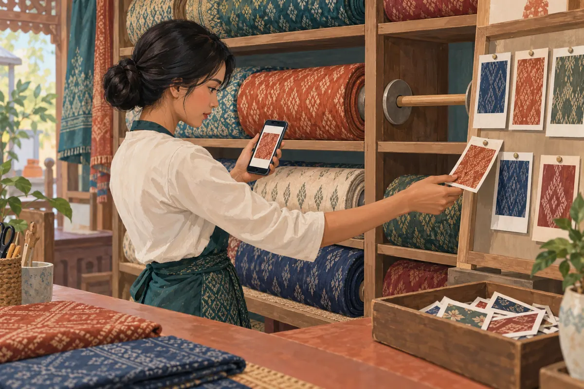 បុគ្គលិកហាងប្រៀបធៀបរូបក្រណាត់ក្នុងទូរស័ព្ទនឹងស្តុក ហើយដករូបចាស់ពីក្តារបង្ហាញ