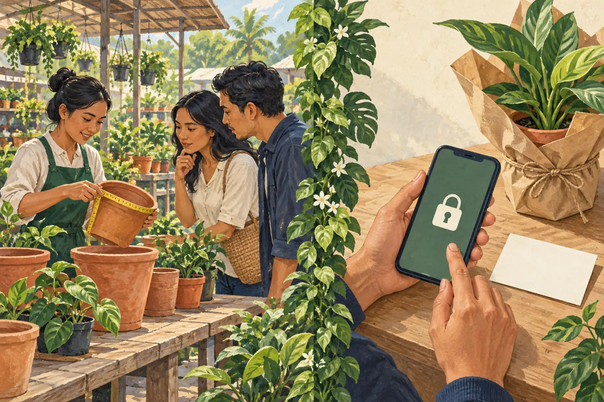 Nursery worker demonstrates a pot measurement beside a separate illustration of a phone with a privacy symbol.