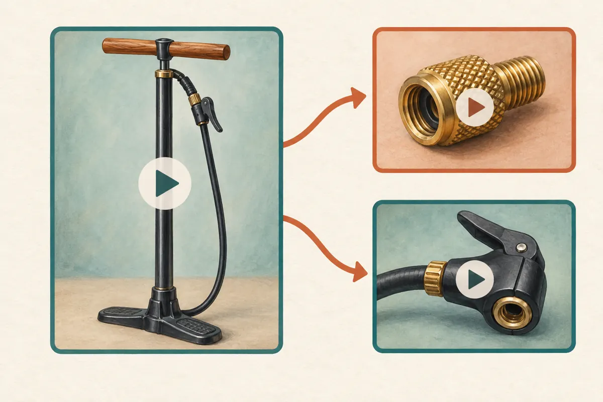 Conceptual diagram connecting a floor-pump video to separate adapter and hose-connector detail videos.