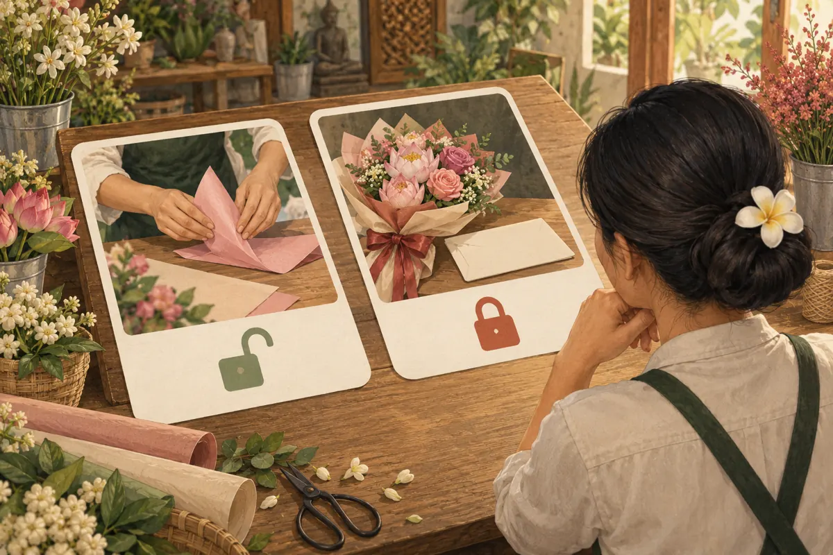 A Cambodian shop owner compares a general wrapping demonstration marked with an open lock and a custom bouquet marked with a closed lock.