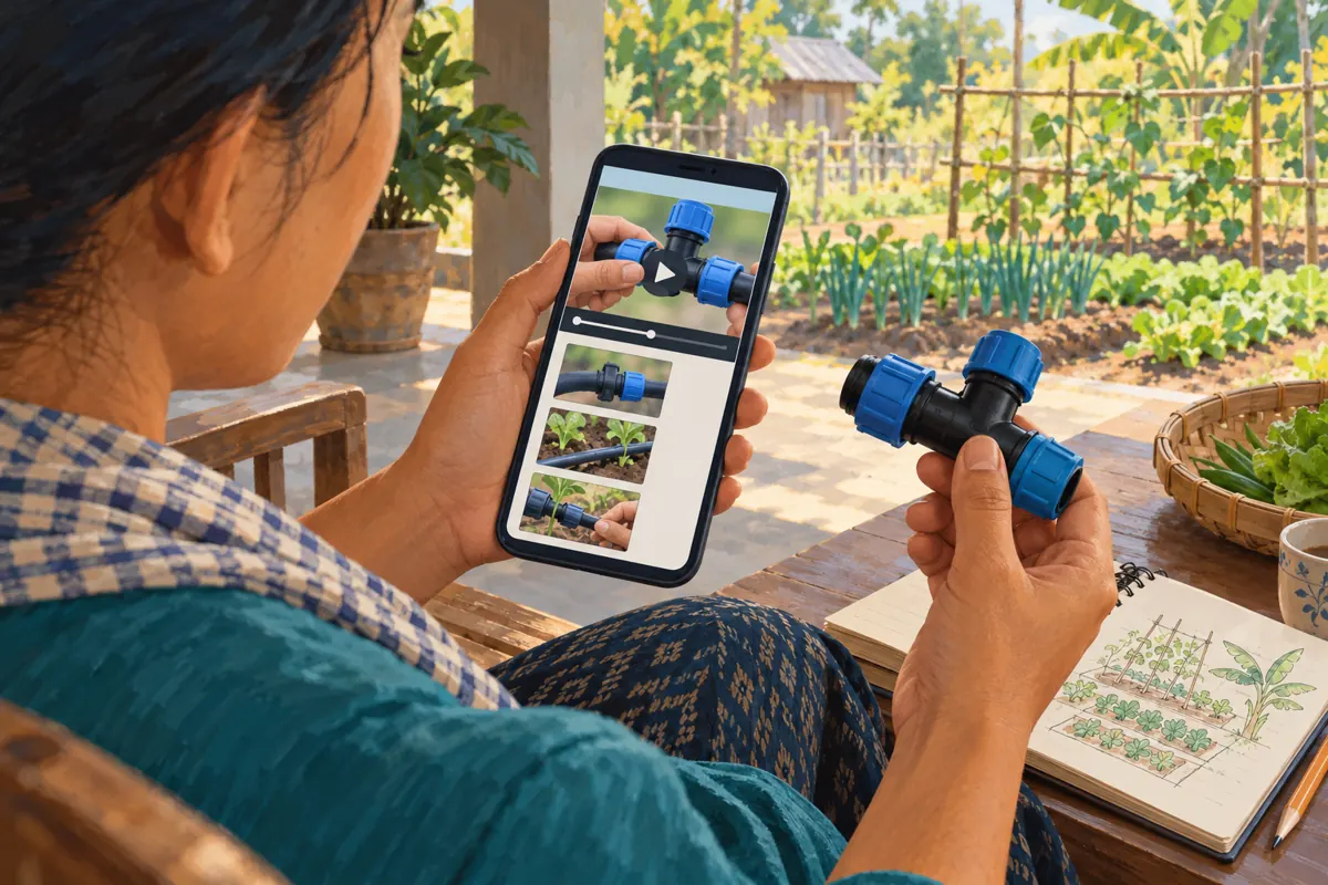 Illustrated customer comparing an irrigation connector with a phone demonstration beside a vegetable garden.