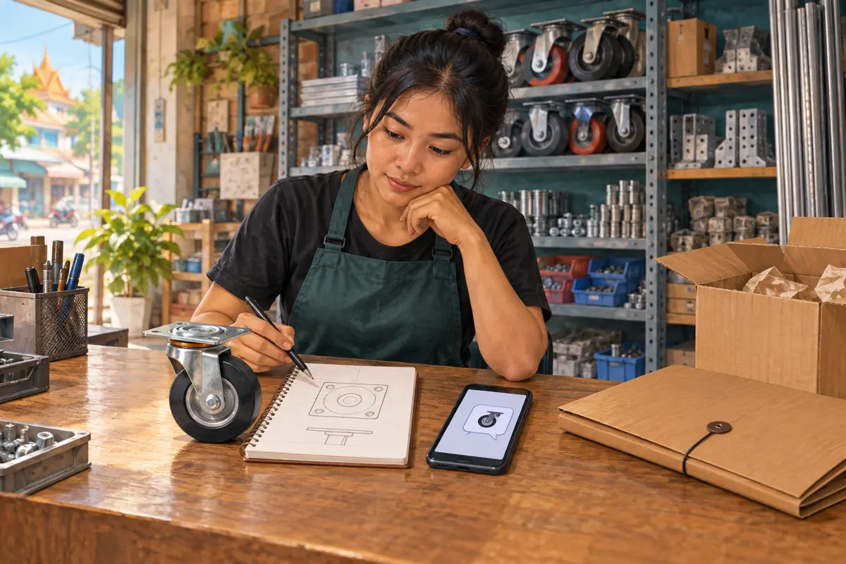Illustration of a Cambodian shop worker reviewing a caster enquiry beside a mounting sketch, separate order folder and shipping box.