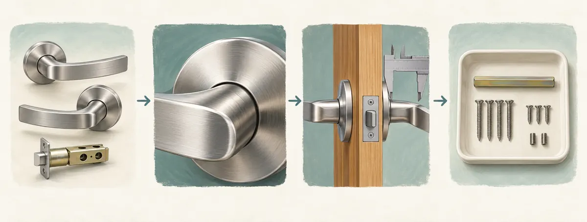 Four illustrated photo ideas showing a handle set, its metal finish, a door-edge detail and a tray of accessories.