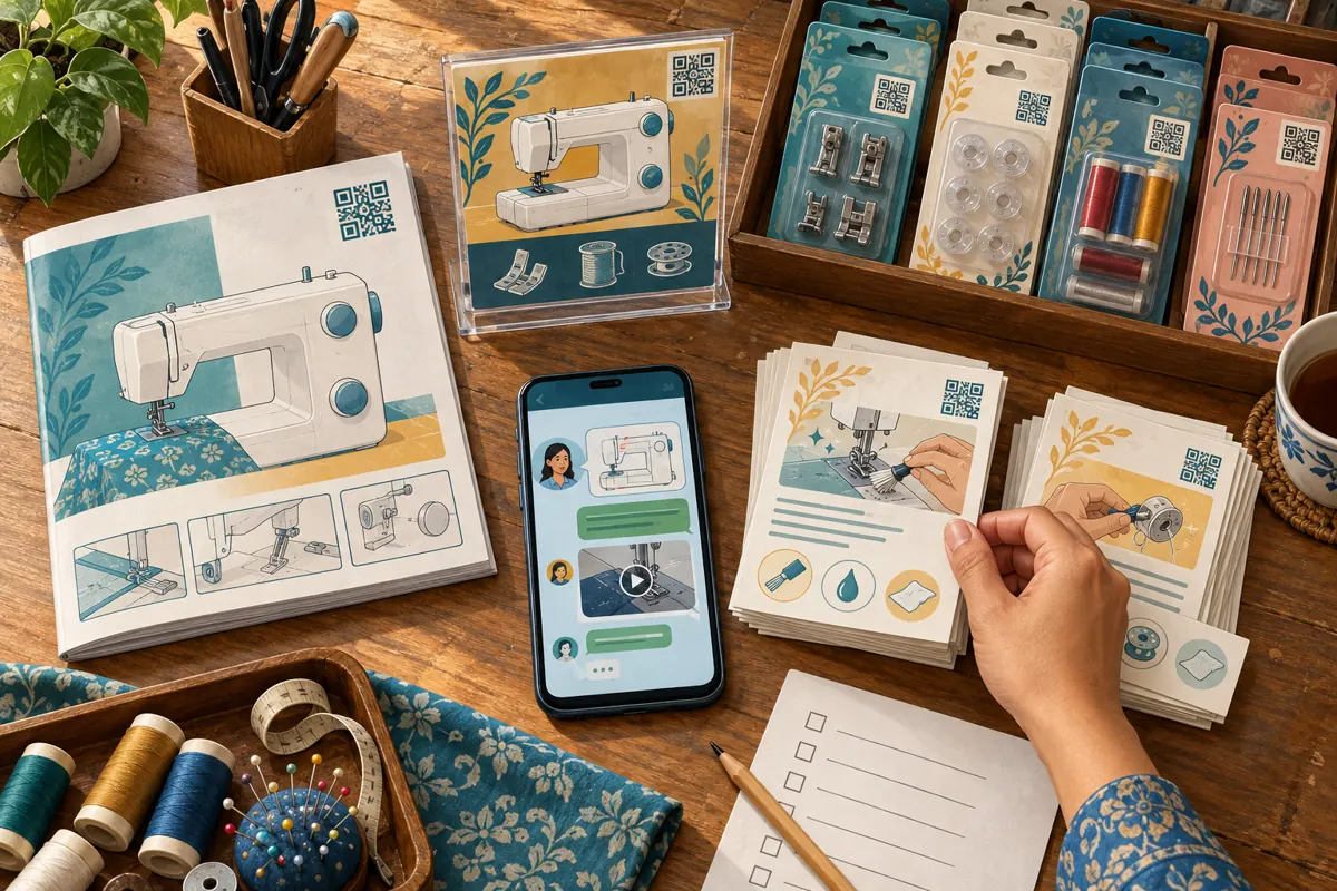 រូបគំនូរពីលើតុដែលមានសៀវភៅណែនាំ សន្លឹកក្នុងប្រអប់ ប័ណ្ណលើតុ ទូរស័ព្ទ និងបញ្ជីត្រួតពិនិត្យ