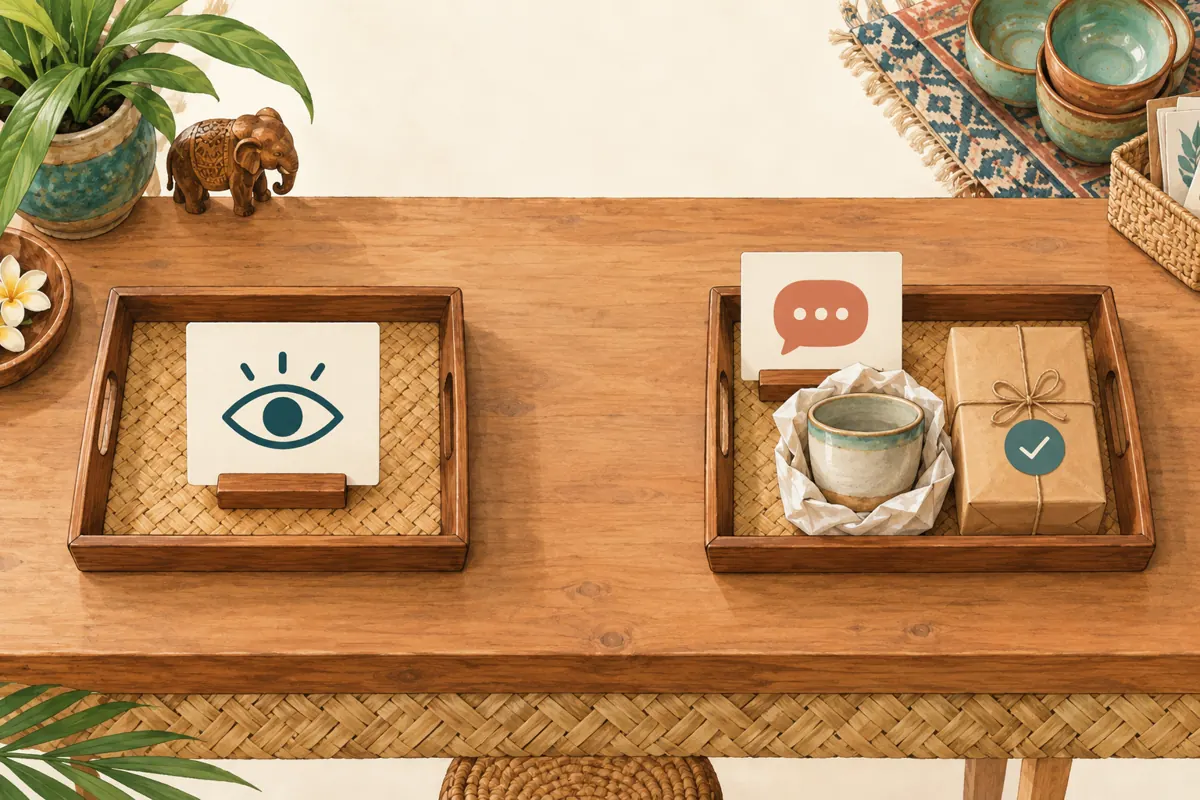 Two separate trays distinguish a view icon from an enquiry icon and a packed gift with a confirmation mark.