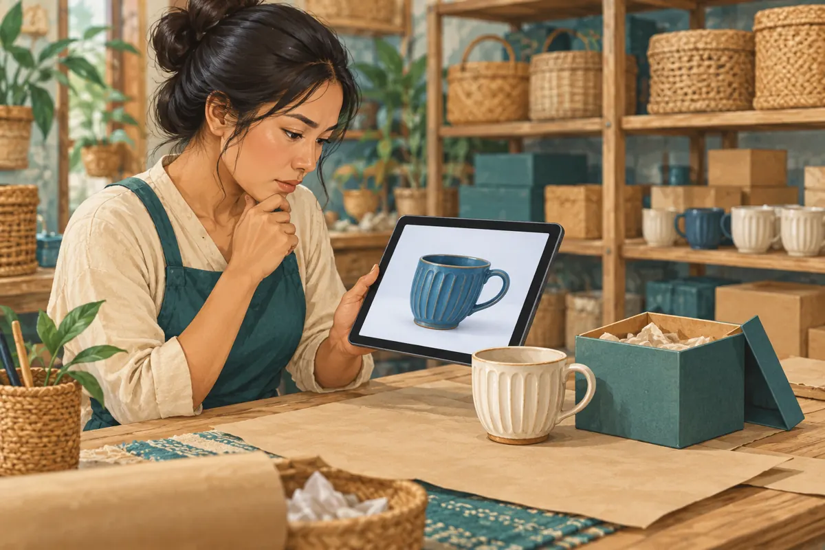 Cambodian shop worker compares a blue cup pictured on a tablet with a cream cup beside a gift box.