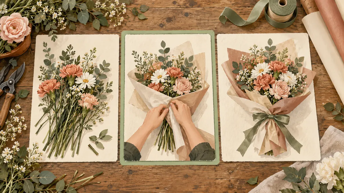 Three illustrated storyboard cards show loose flowers, the wrapping action and the completed bouquet, with the middle stage highlighted.