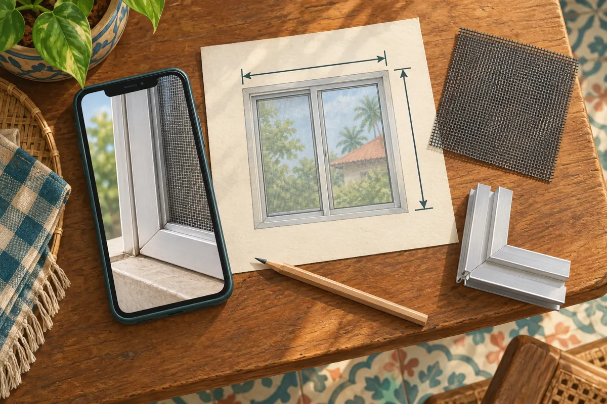 A window-corner photo, unlabeled dimension sketch, mesh sample and aluminum frame corner arranged on a table.