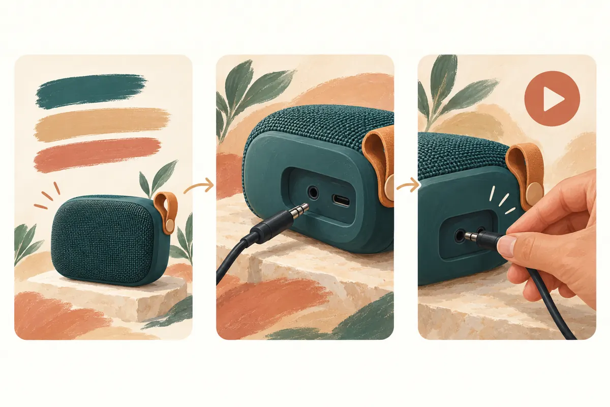 Three illustrated panels represent product information, a close-up speaker socket and a cable-connection video.