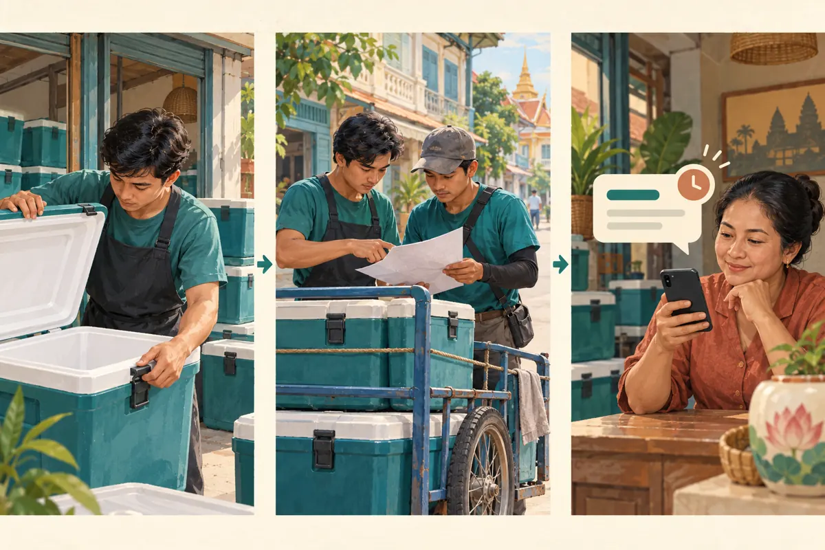 Three illustrated scenes show a cooler inspection, delivery-plan review and scheduled-message check.
