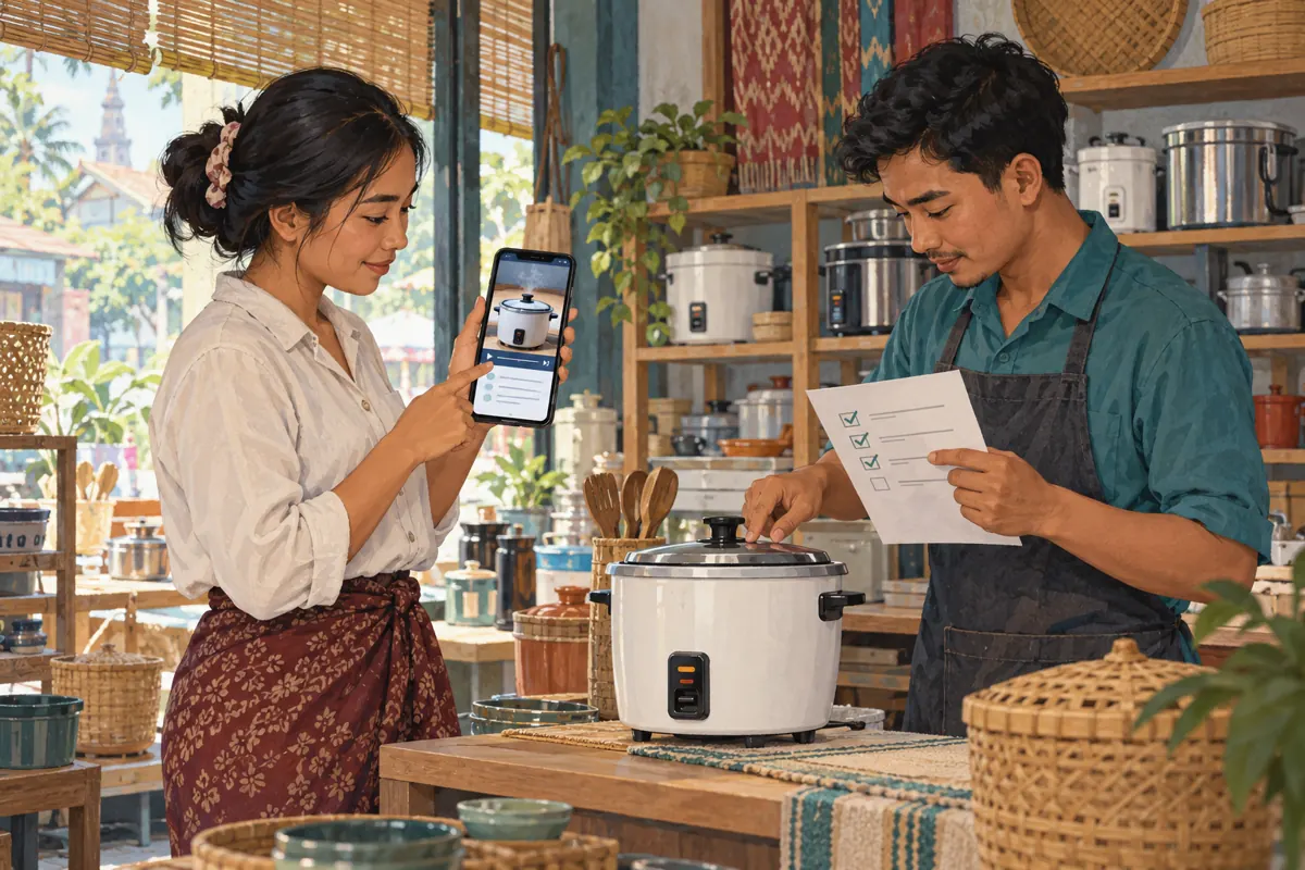 Two Cambodian shop colleagues checking a product video on a phone against a rice cooker and paper checklist.