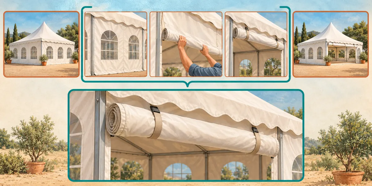Illustrated filmstrip with a selection bracket around a closed sidewall, its opening action and the finished open position.