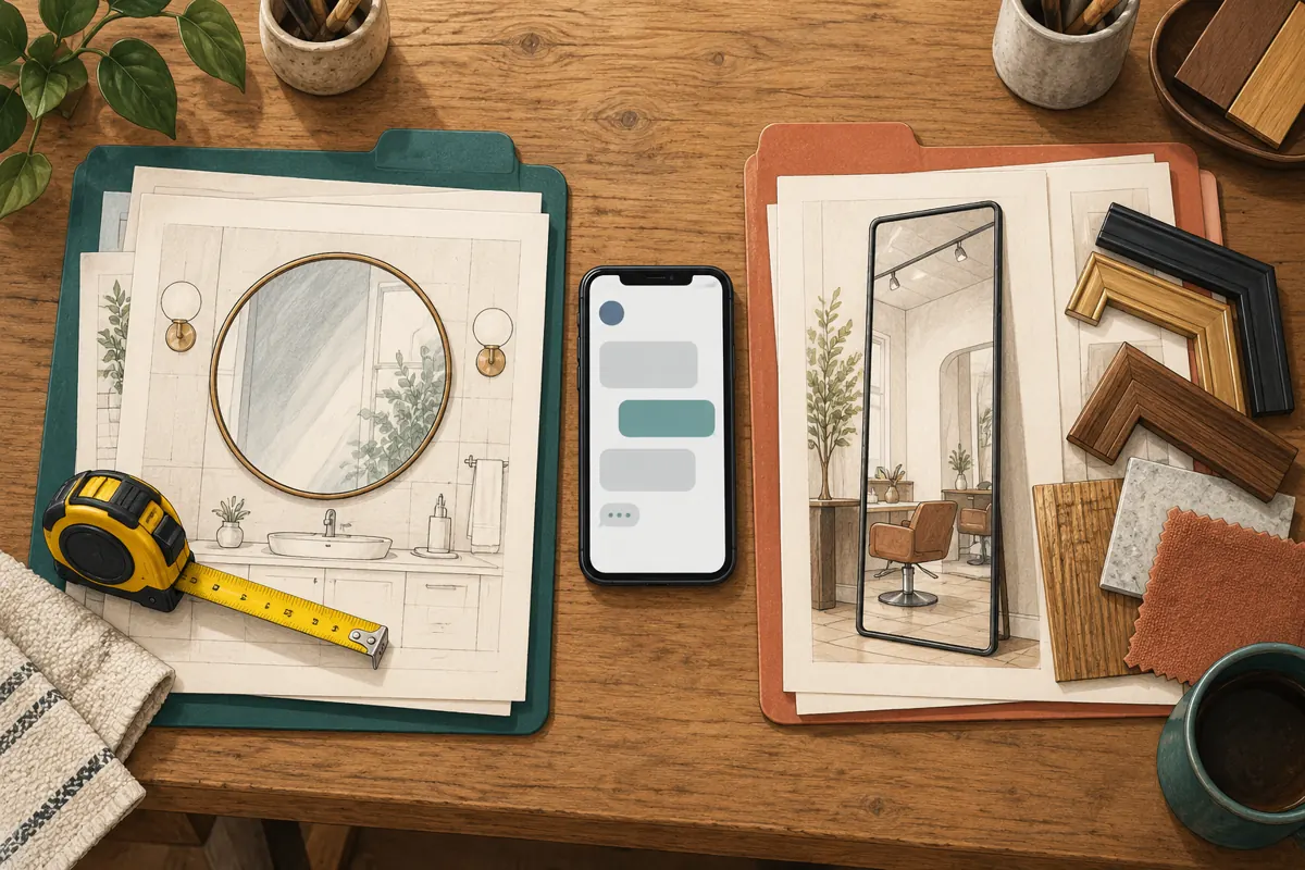A phone conversation between separate project folders for a round bathroom mirror and a tall salon mirror.