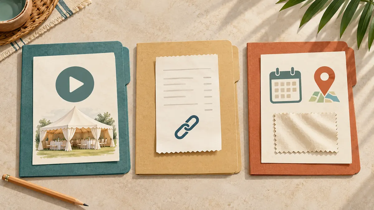 Three illustrated folders distinguish video content, a service receipt and rental enquiry details using simple symbols.