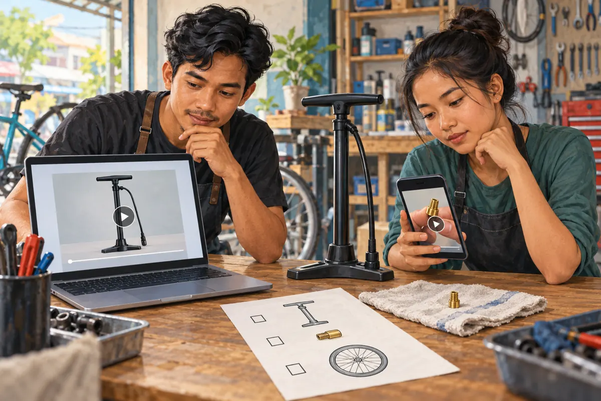 Two Cambodian bicycle shop colleagues reviewing pump and adapter videos on a laptop and smartphone.