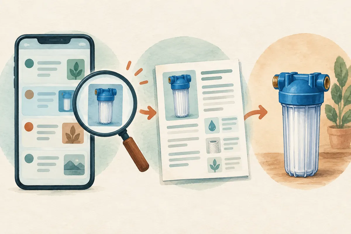 Three-stage illustration showing a chat entry, an opened guide and a water-filter housing for comparison.