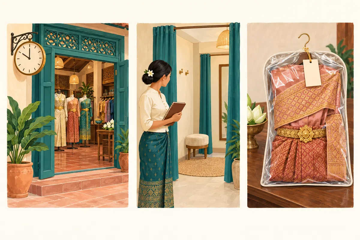 រូបគំនូរបីផ្នែកបង្ហាញទ្វារហាងបើក បន្ទប់សាកជាមួយសៀវភៅណាត់ និងឈុតដែលដាក់ថង់មានស្លាក