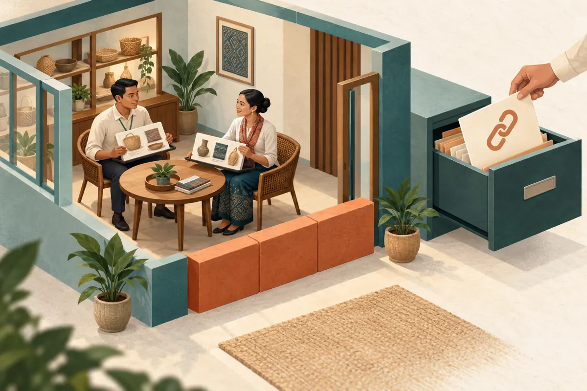 Conceptual illustration of trade buyers retaining catalogues inside a meeting room while an invitation card is filed away outside.