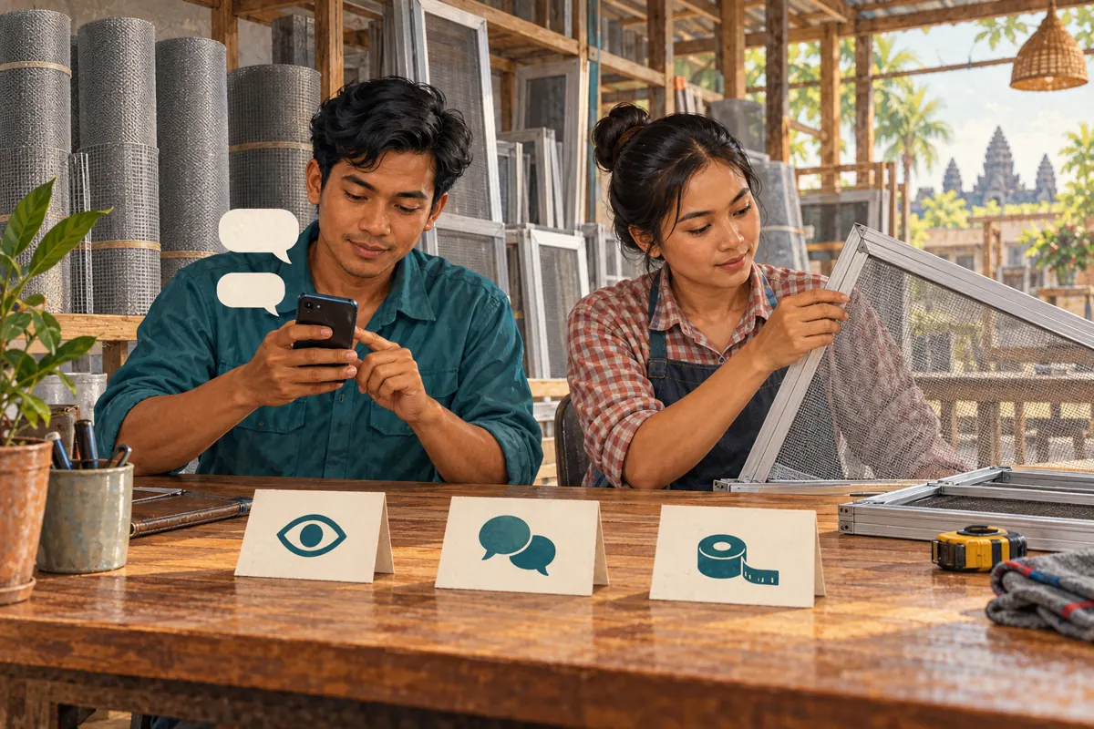 Two workshop employees reviewing a phone and screen frame beside separate icons for visibility, conversations and assessment.