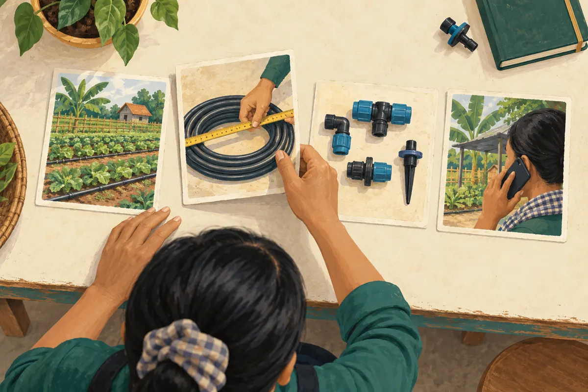 Overhead illustration of a shop worker arranging four irrigation video storyboard cards on a table.