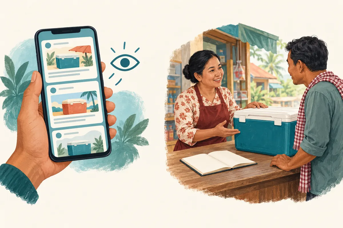 Separate illustrated scenes show a message-view symbol and a customer discussing an icebox rental with a shopkeeper.