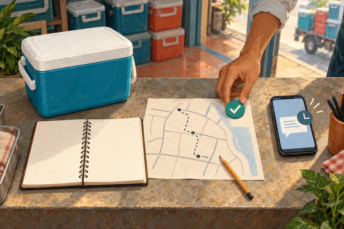 Overhead illustration of a cooler, planning notebook, route sketch and phone with a scheduled-message symbol.