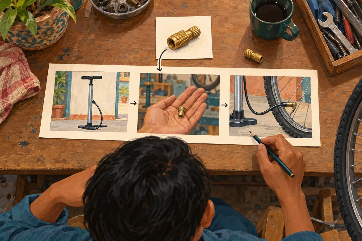 Overhead illustration of a pump demonstration storyboard with an adapter close-up linked to the middle scene.