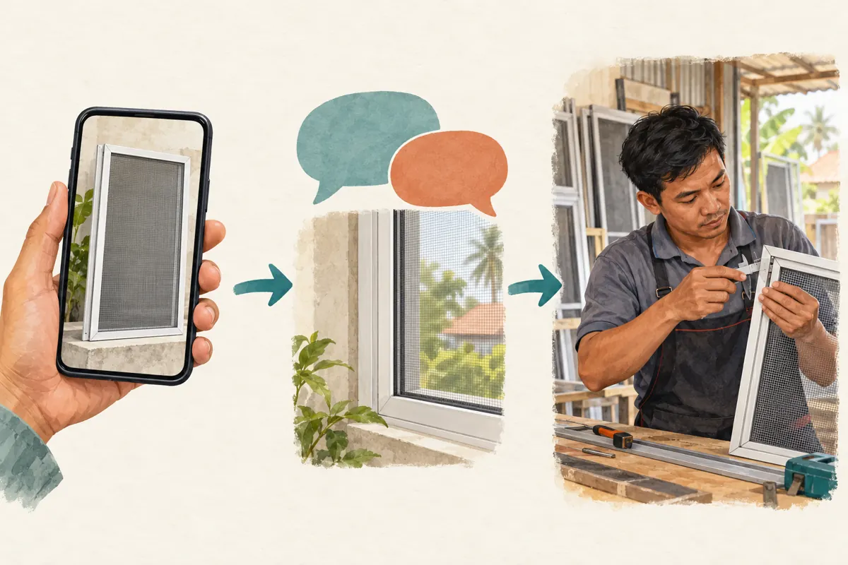 Three-stage illustration showing a screen product on a phone, a conversation about a window and a worker assessing a frame.