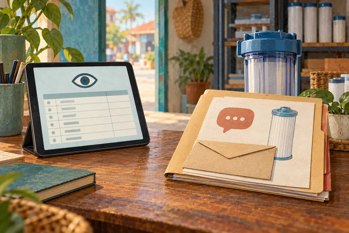 Tablet with an eye symbol beside a separate customer enquiry folder and cartridge drawing on a shop desk.