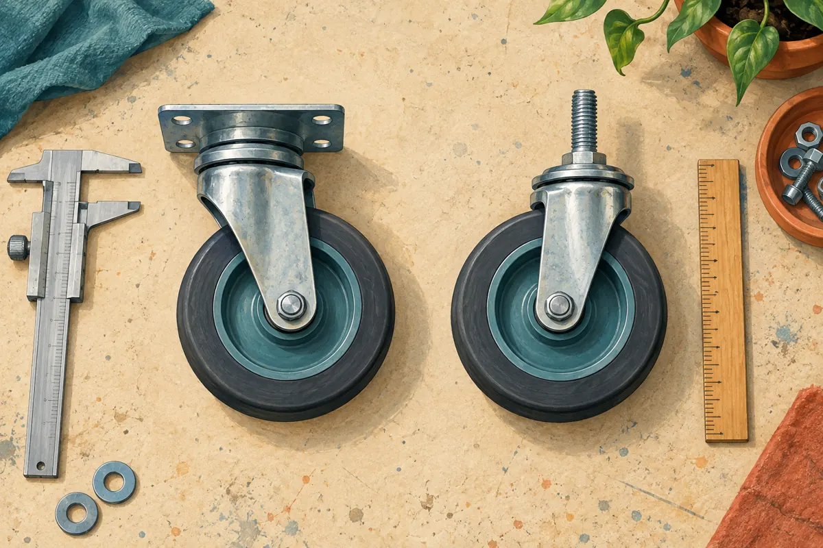 Illustrated comparison of a plate-mounted caster and a threaded-stem caster beside measuring tools.
