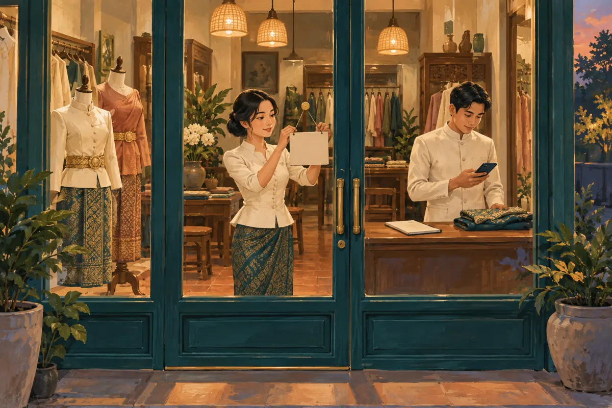 រូបគំនូរបុគ្គលិកហាងជួលសម្លៀកបំពាក់កែស្លាកនៅទ្វារ និងពិនិត្យទូរសព្ទនៅពេលល្ងាច