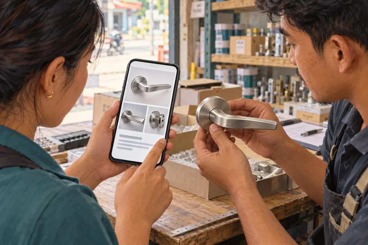Two Cambodian shop colleagues compare a silver door handle with a conceptual photo album displayed on a phone.